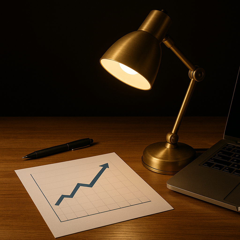 A desk with a laptop, a pen, a paper with a rising arrow graph, and a brass desk lamp illuminating the workspace.