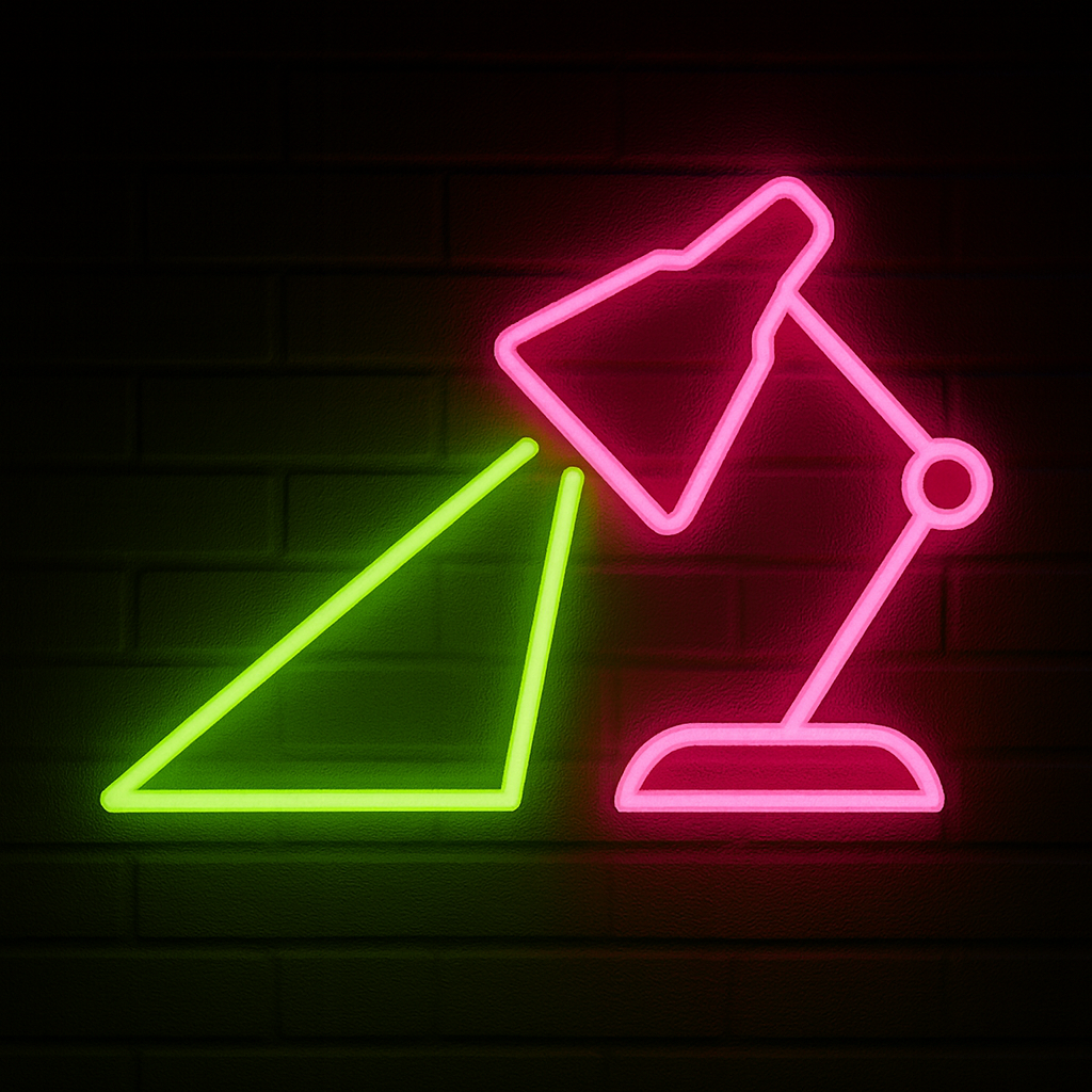 Neon sign of a computer mouse in pink and a graph arrow in green on a dark brick wall background.