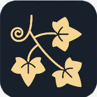 Stylized illustration of a vine with three leaves against a dark background.