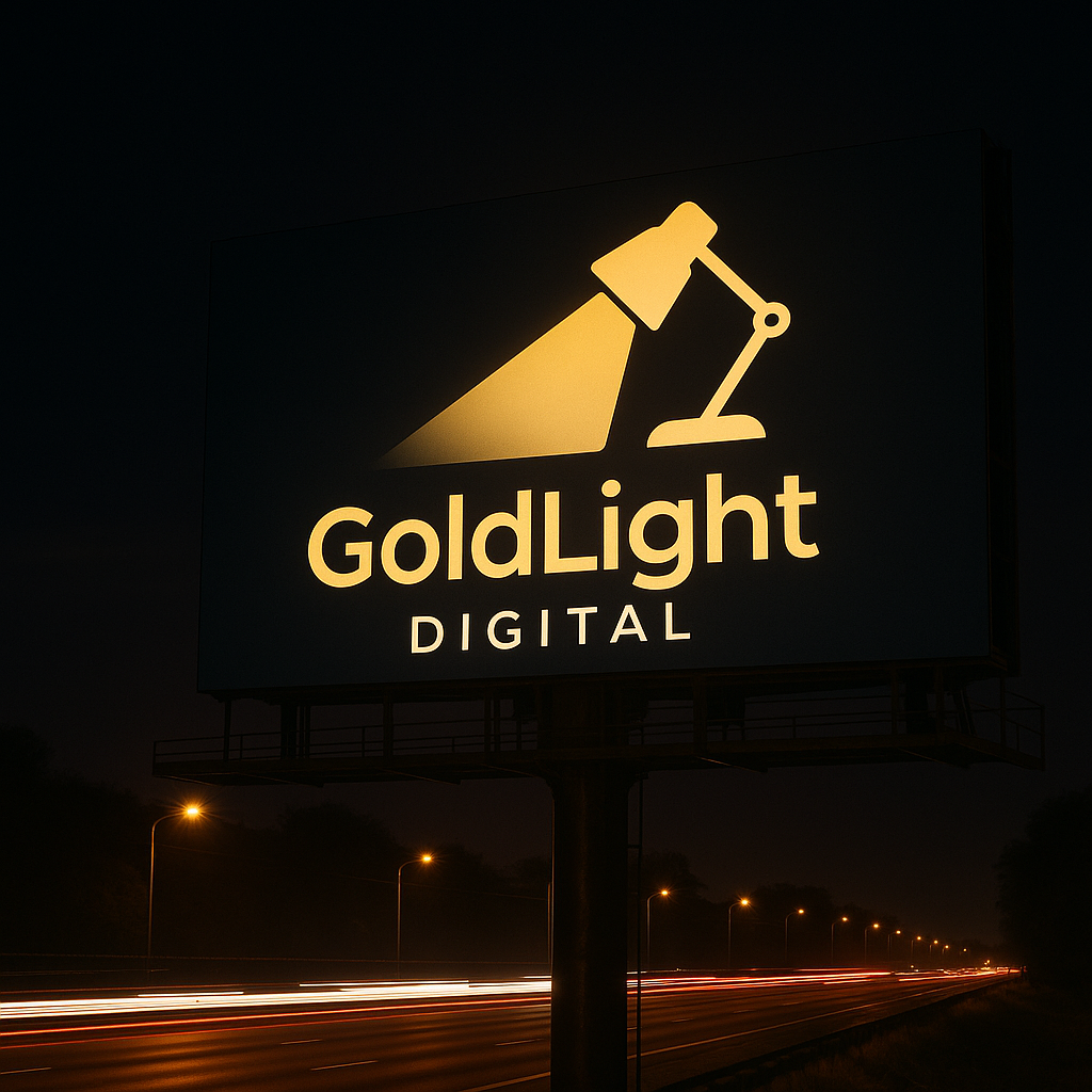 Billboard for GoldLight Digital featuring a stylized desk lamp shining light and the company name illuminated at night