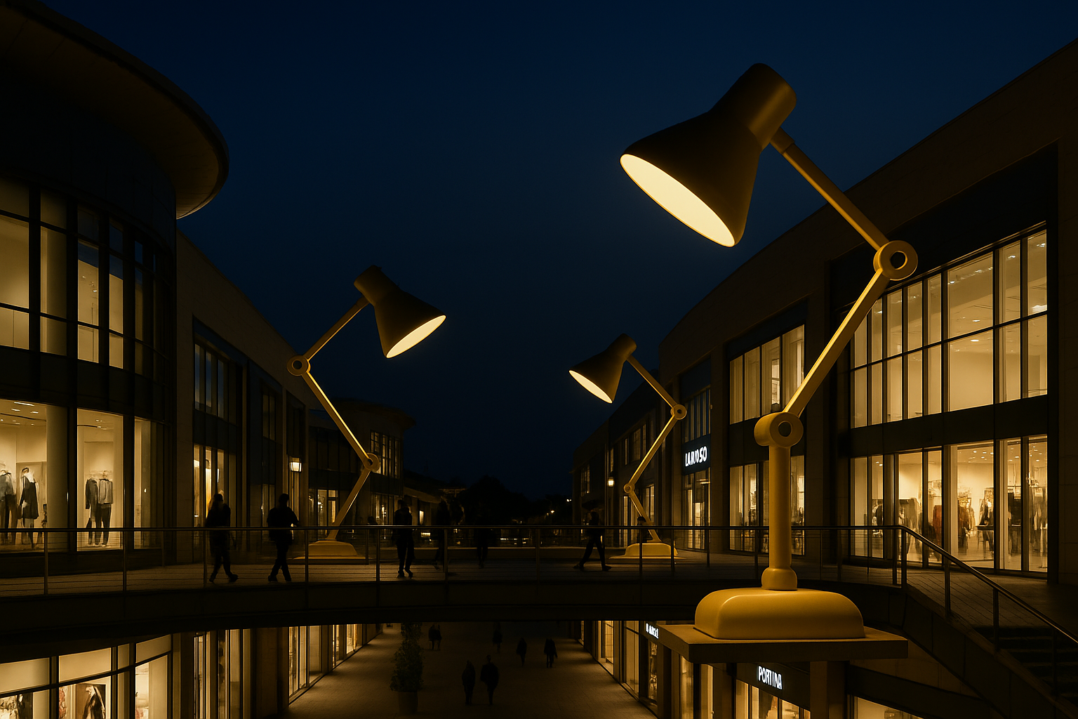 Night view of a shopping center with large yellow lamps and glass storefronts illuminated from inside.