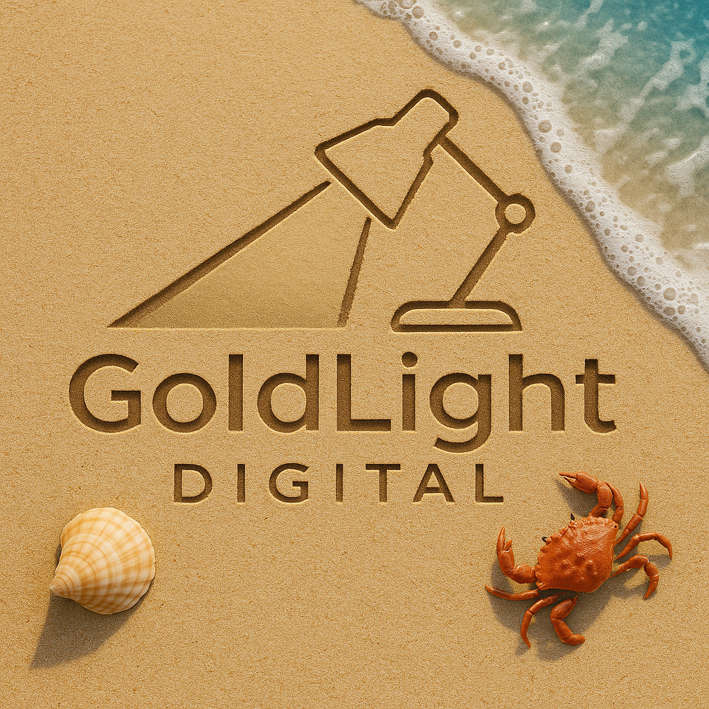 Sand with the GoldLight Digital logo, a seashell on the left, a small crab on the right, and a wave approaching from the top right.