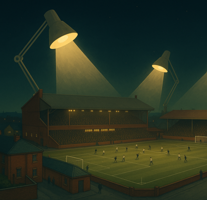 Nighttime soccer match under stadium lights, with players on the field and large overhead lamps illuminating the scene.