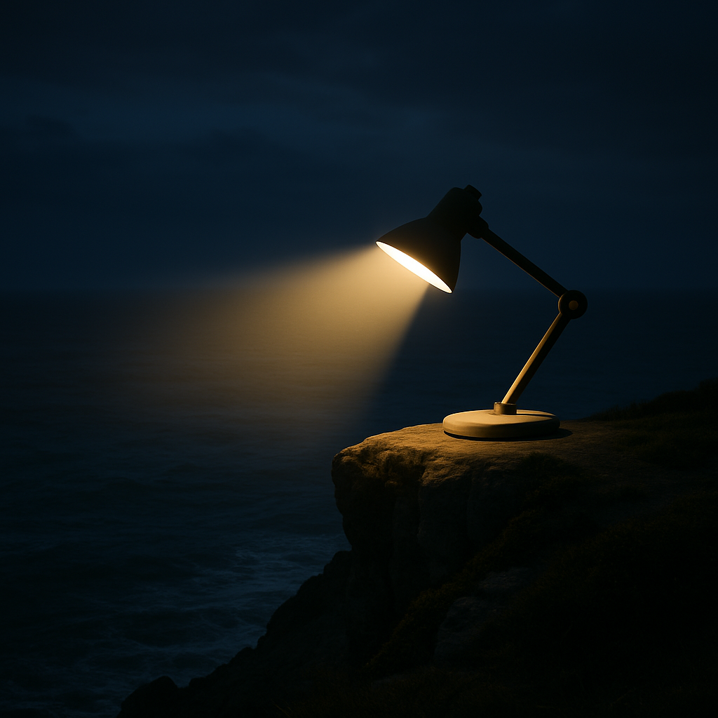 Desk lamp illuminating a rocky cliff at night near the ocean.