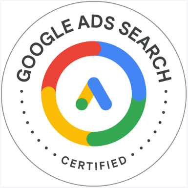 Google Ads Search Certified badge with the Google Ads logo at the center, surrounded by a circular ring with red, blue, yellow, and green segments, and text indicating certification.
