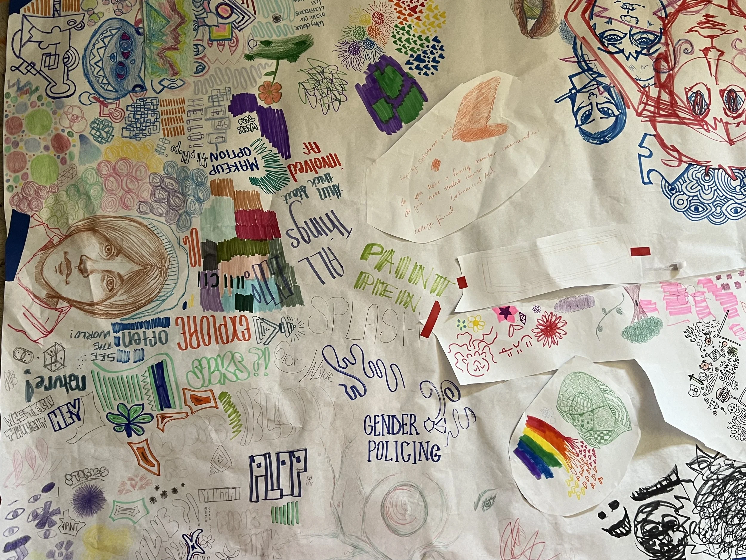 A collage of various hand-drawn and colored doodles, including faces, abstract designs, text, and symbols on large sheets of paper.