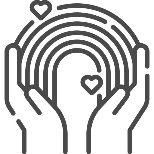 Outline drawing of two hands holding a heart with a rainbow in the background and small hearts above.