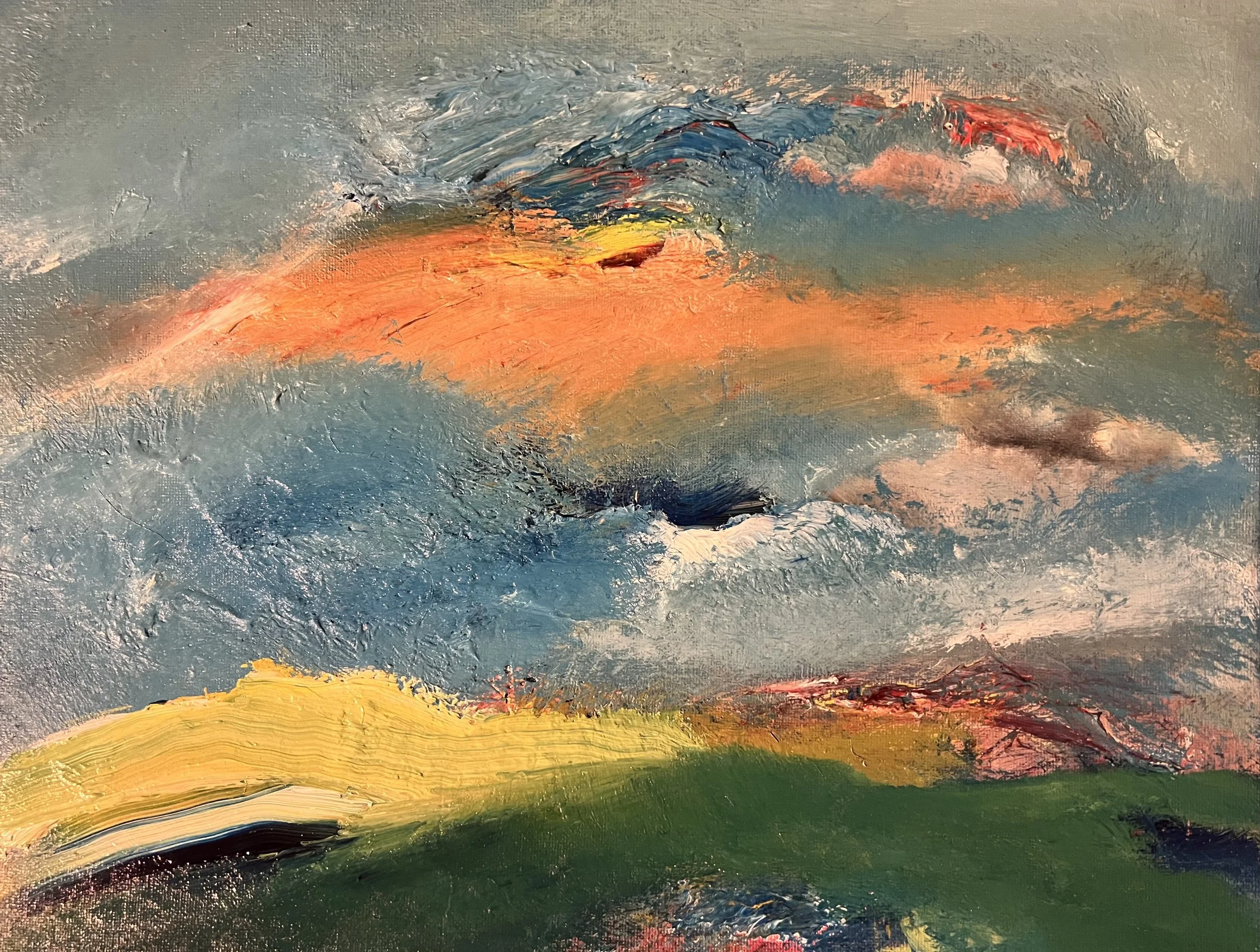 An abstract landscape painting with a vibrant sky featuring pink, orange, blue, and gray brushstrokes, and a green field below with hints of pink and yellow.