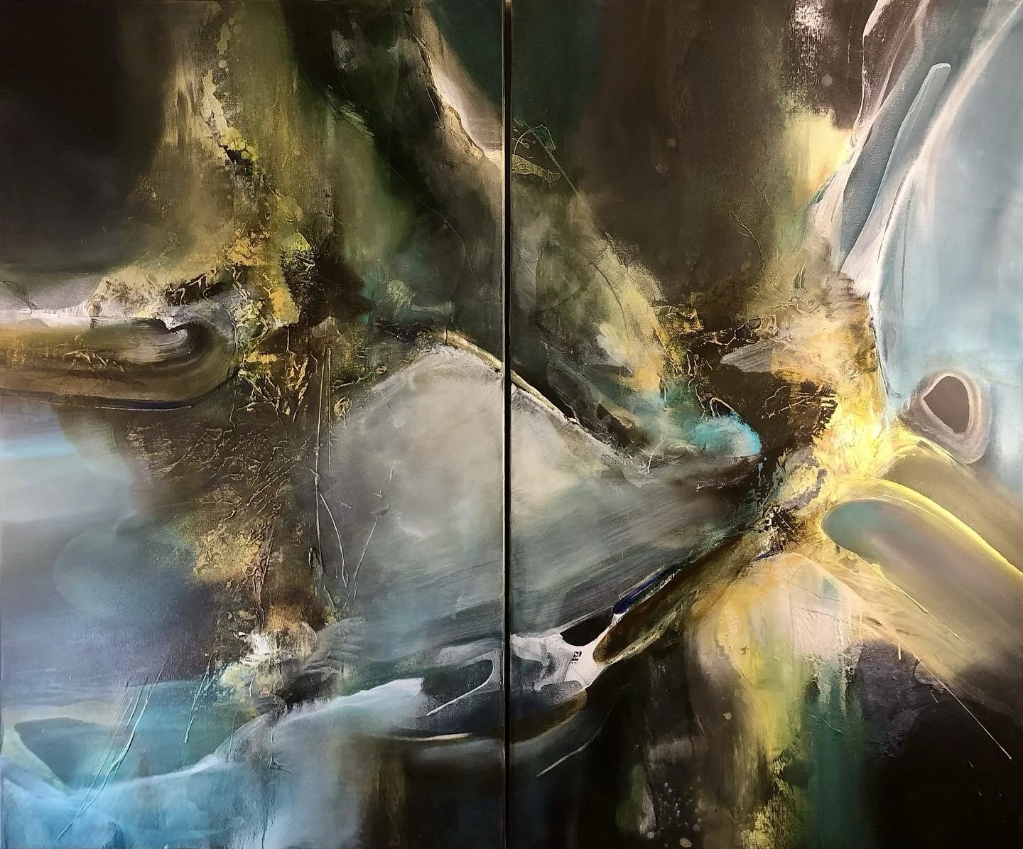 “Inherent Obsession” (SOLD) | 
Acrylic and mixed media on canvas | 
60” x 72” Diptych
