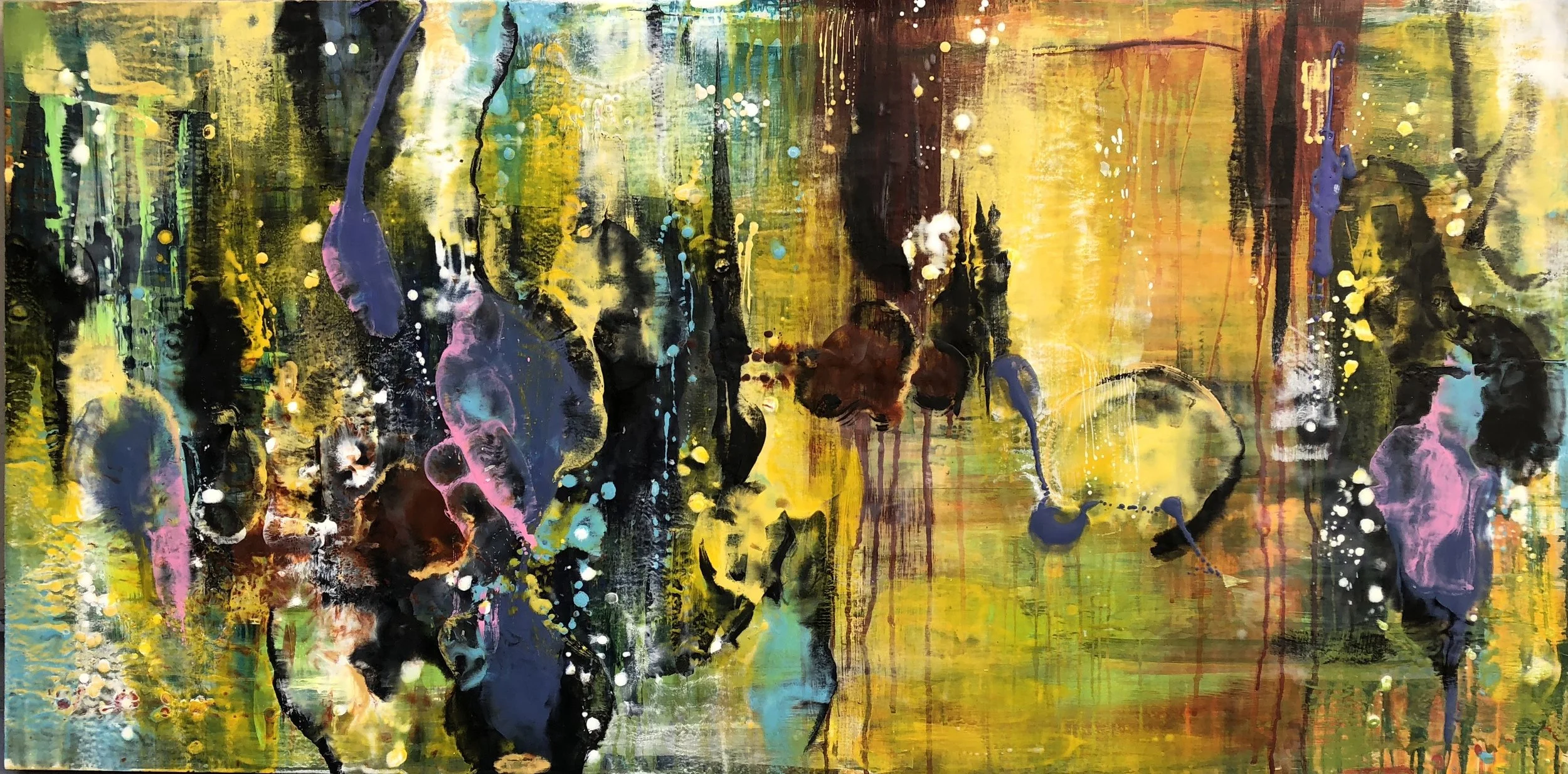 “Inoculating Reason” | 
Encaustic and oil on wood panel | 
36” x 48”