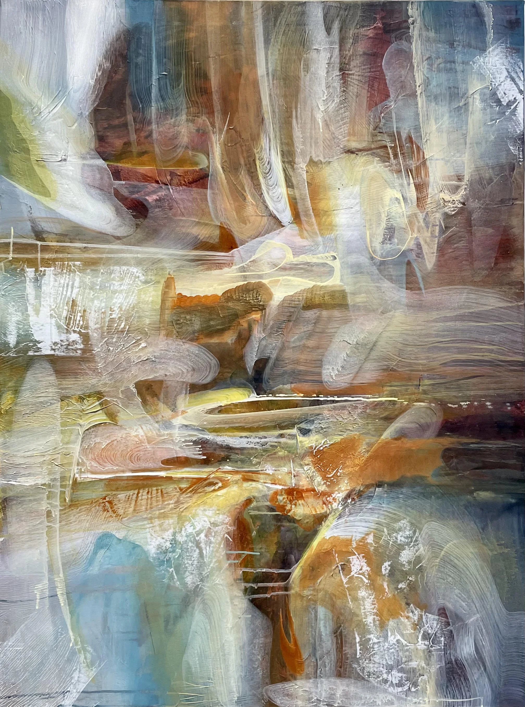 “Breaching the Chrysalis” (SOLD) | 
Acrylic and mixed media on canvas | 
48” x 36”