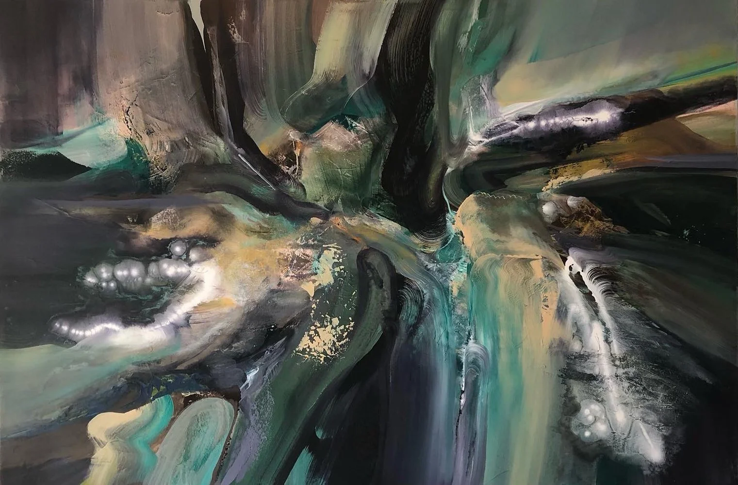 “Symposium” | 
Acrylic and mixed media on canvas | 
48” x 72”