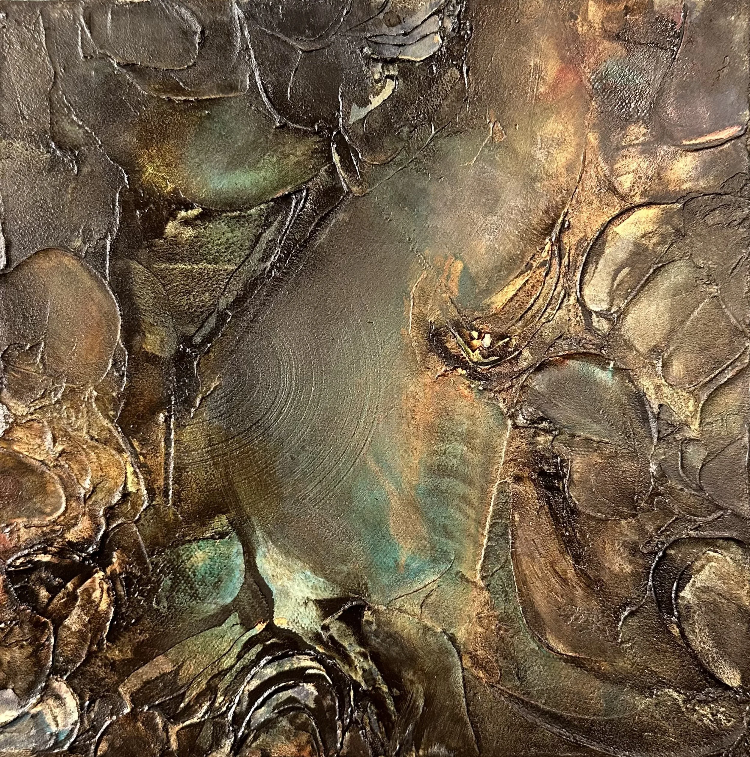“Chthonic Contact” |
Acrylic and mixed media on canvas |
10” x 10”