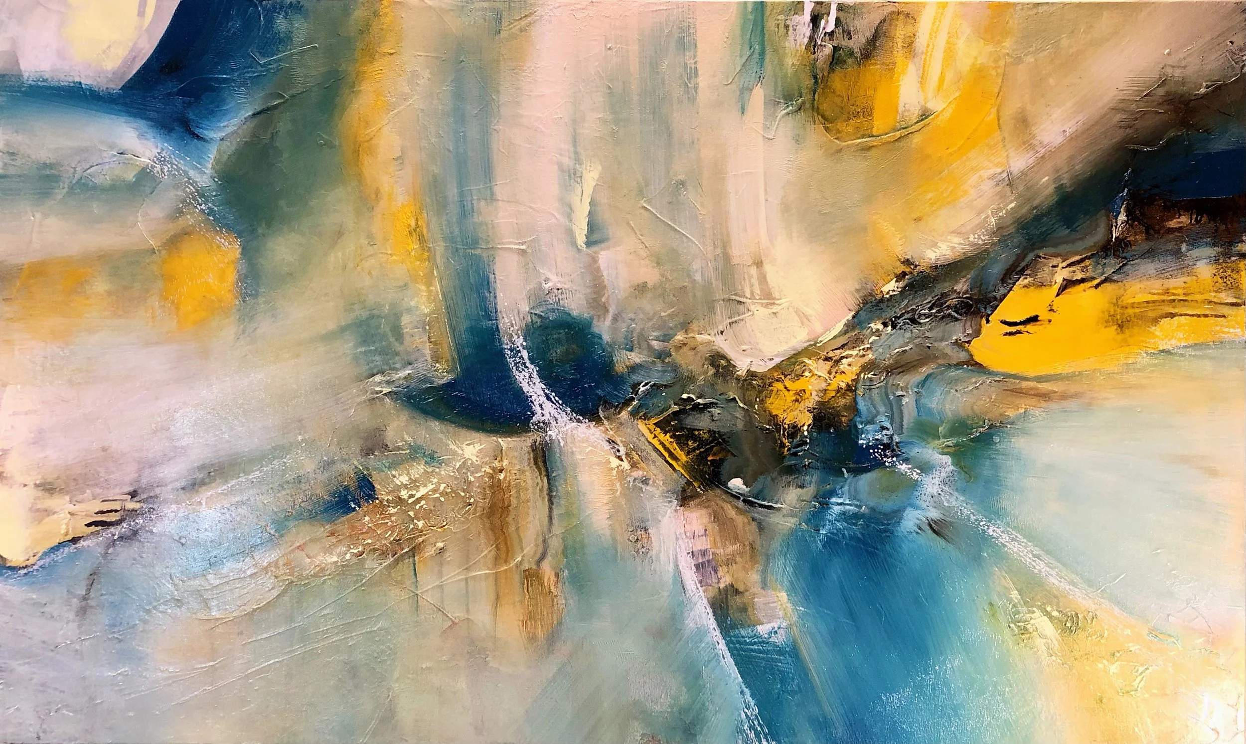 “Auspicious Soirée” | 
 Acrylic and mixed media on canvas | 
 60” x 36”