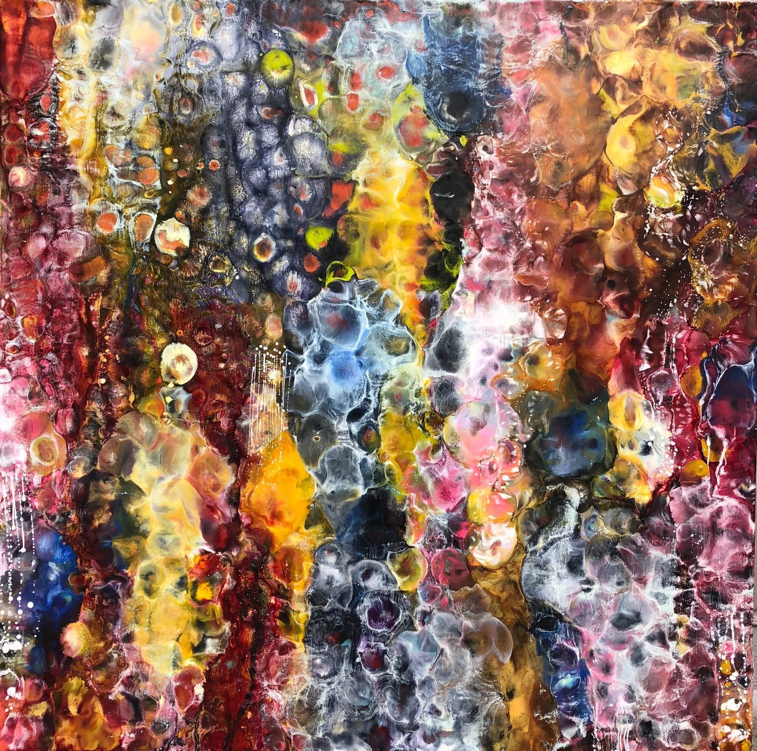 “Indelible Wonder” (SOLD) | 
Encaustic and oil on wood panel | 
40” x 40”