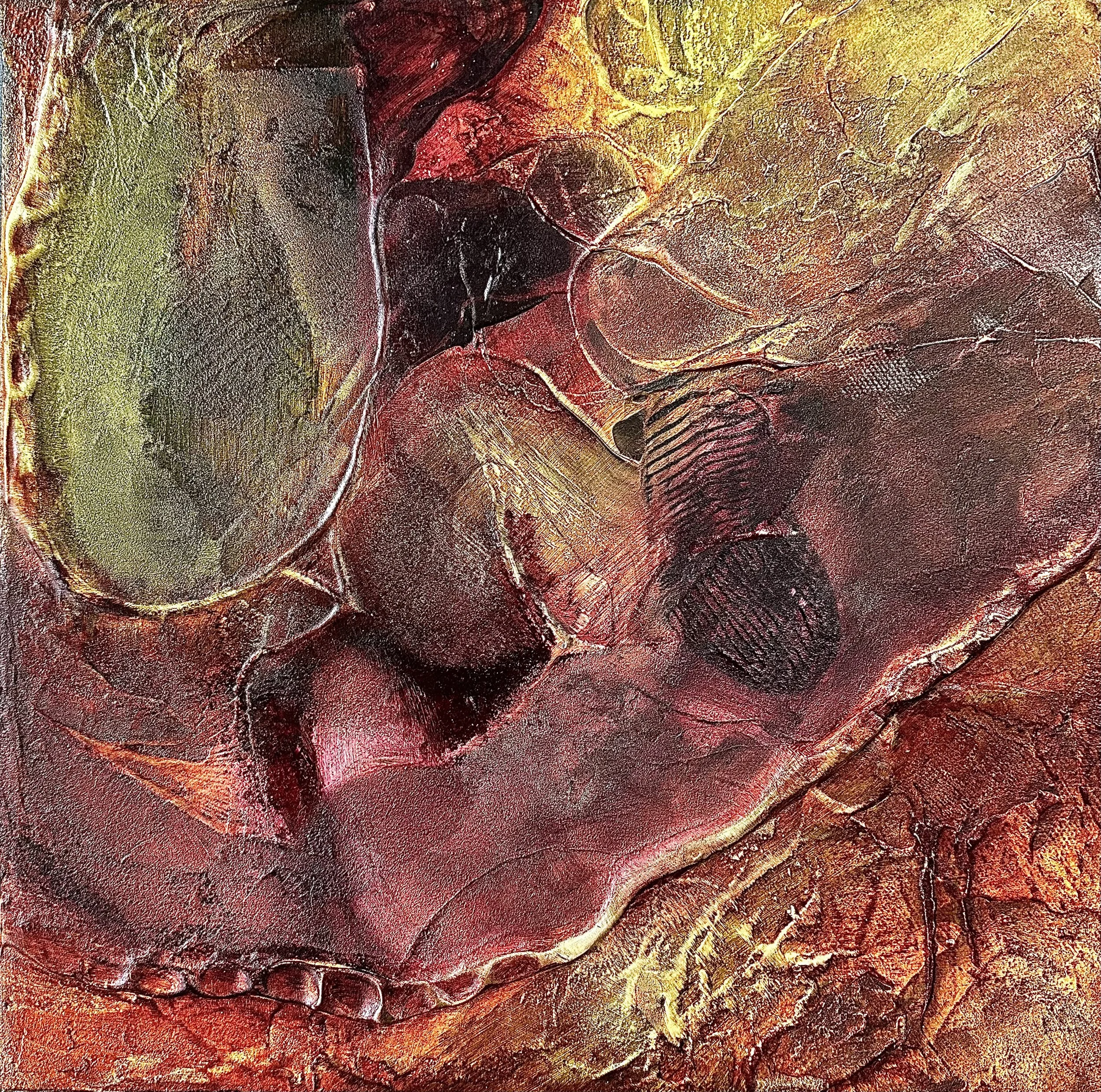 “Fleshed Out” |
Acrylic and mixed media on canvas |
12” x 12”