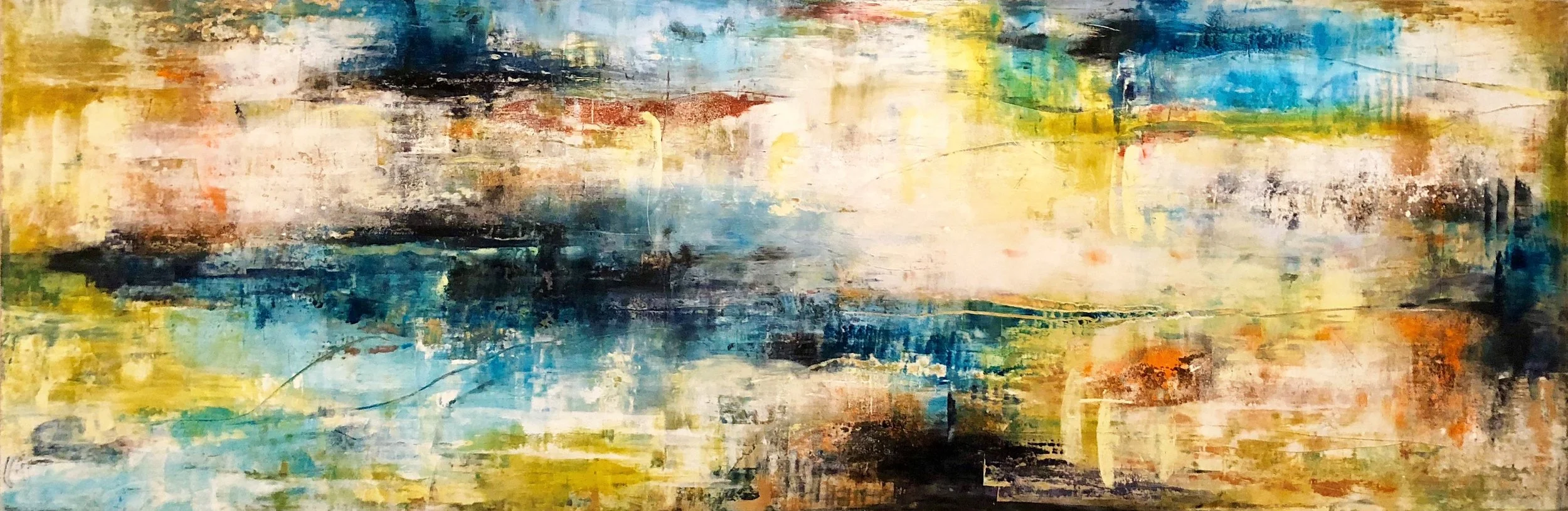 “Entering Expansion” (SOLD) | 
Encaustic and oil on wood panel | 
24” x 72”