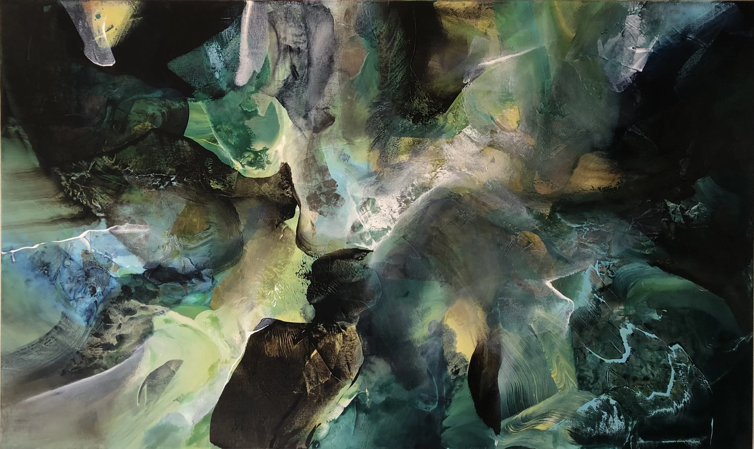 “Winter’s Introspect”  | 
Acrylic and mixed media on canvas  |
36” x 60”