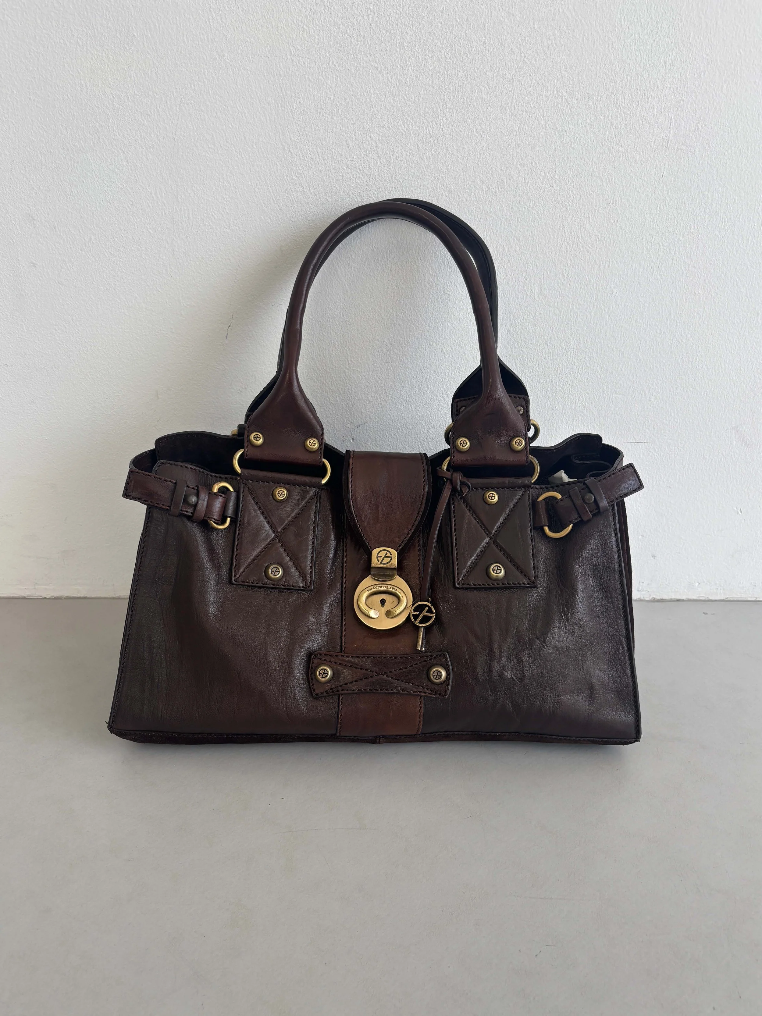 ITALIAN DARK LEATHER LARGE TOP HANDLE BAG
