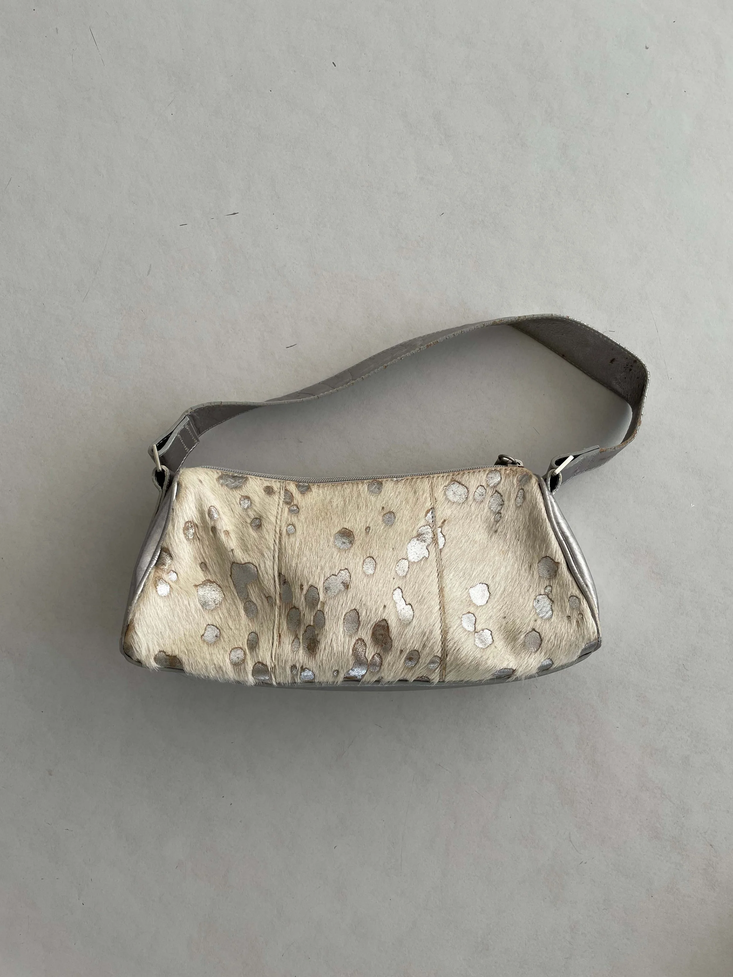 METALLIC ACID WASH PONY HAIR MINI SHOULDER BAG