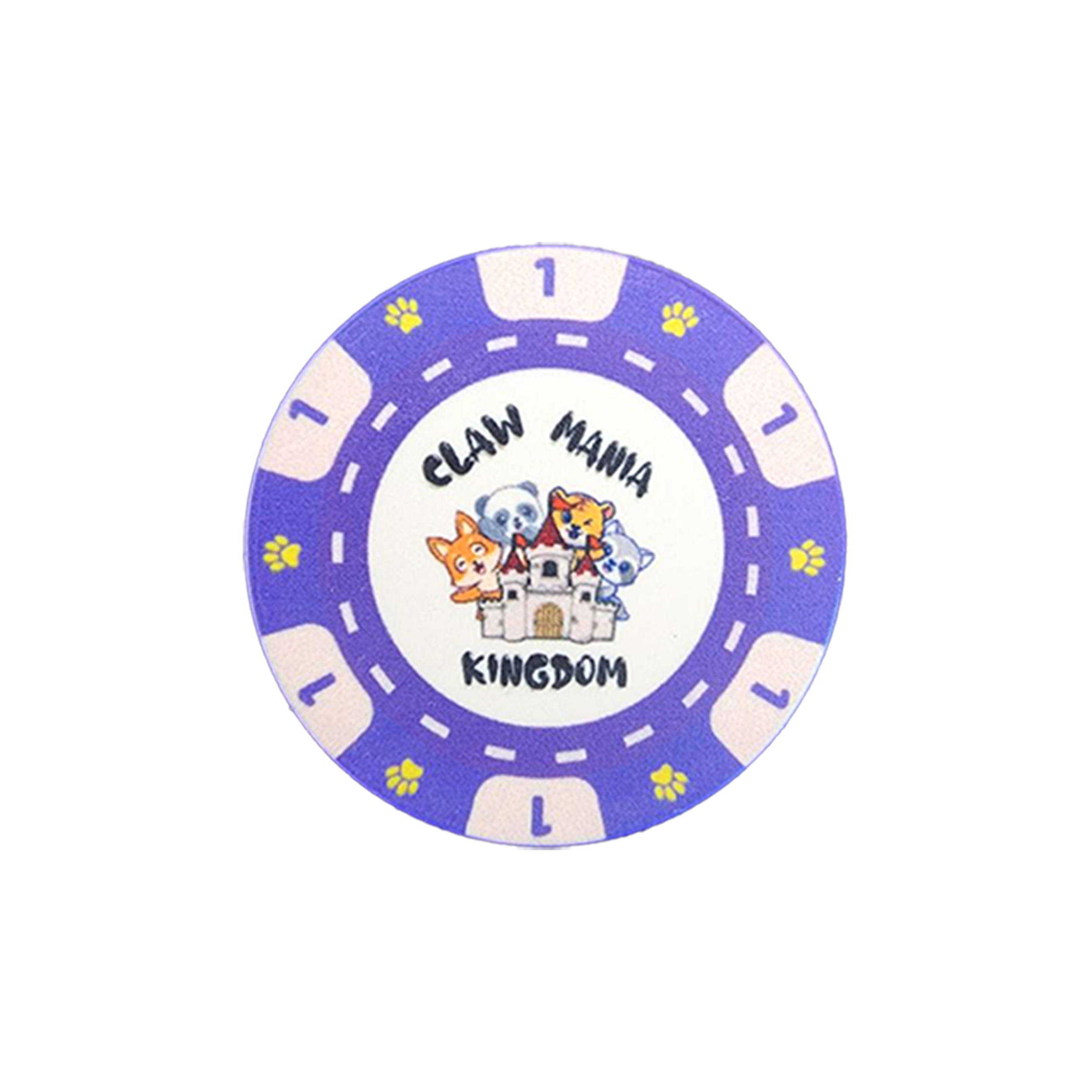 A circular game token with a purple border and the words 'Claw Mania Kingdom,' featuring illustrations of a cat and a dog on a castle.