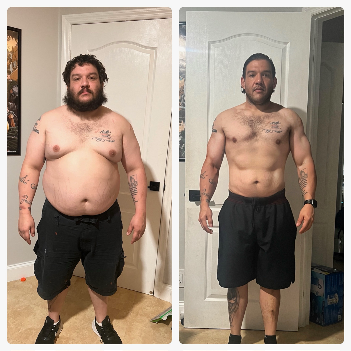 Before and after photos of a man showing weight loss transformation. The man is shirtless, standing in front of a door, with visible tattoos, wearing black shorts and sneakers in the first photo and black shorts with a watch in the second. In the sec