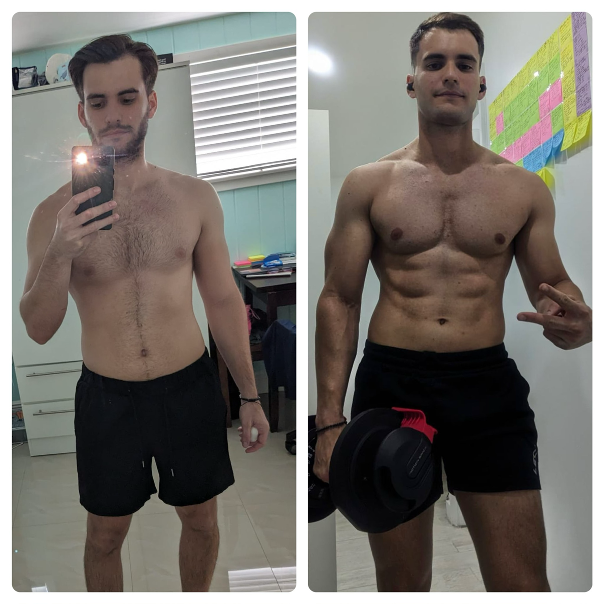 Side-by-side photos of a shirtless young man with short dark hair, showing his muscular physique. In the left photo, he is taking a mirror selfie with a smartphone in a room with a window and a table in the background. In the right photo, he is holdi
