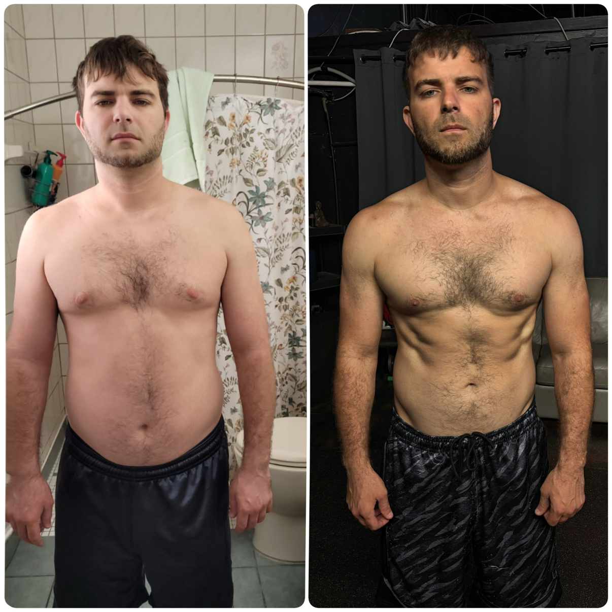 Side-by-side comparison of a shirtless man before and after a fitness transformation. In the left image, he is in a bathroom, with a towel rack and floral shower curtain in the background. In the right image, he is in a gym or studio, with a black cu