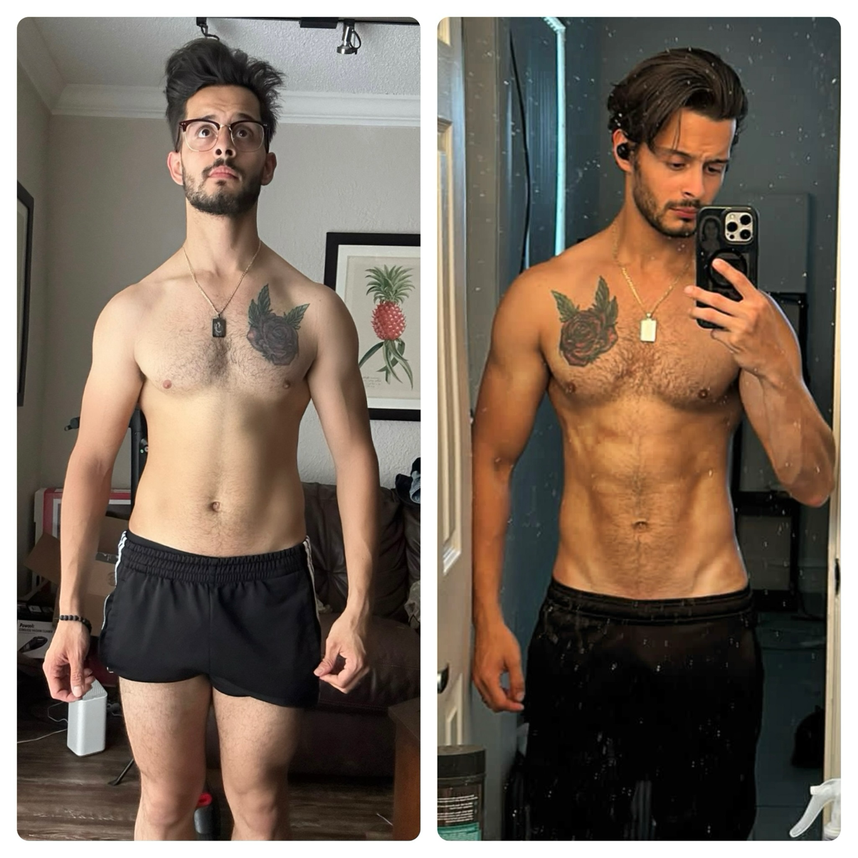 Side-by-side comparison of a shirtless man taking mirror selfies, showing his physical transformation. On the left, he has a thinner build with light skin, dark hair, glasses, and tattoos on his chest. On the right, he has a more muscular and defined