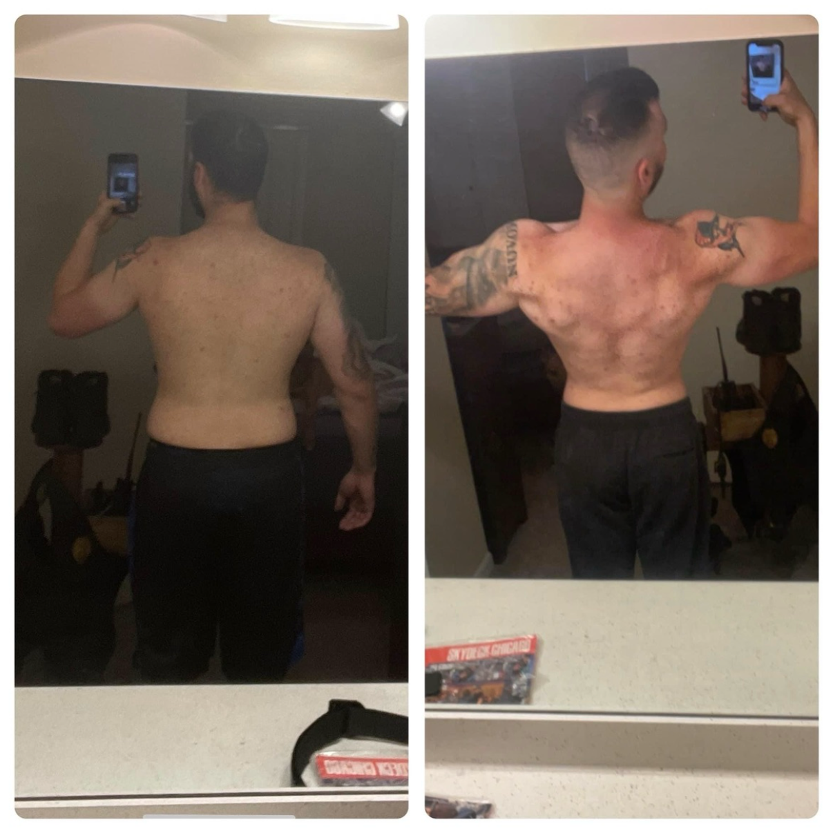 Comparison of a man's back before and after a fitness or body transformation, showing increased muscle definition and reduced body fat.