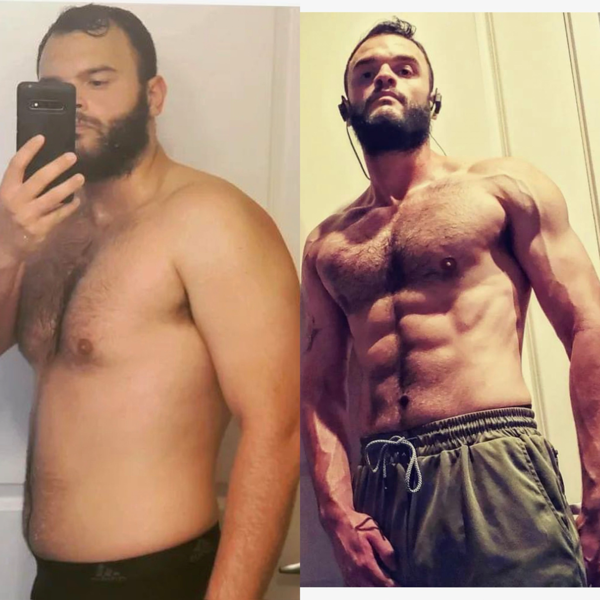Side-by-side comparison of a shirtless man with a beard, showing a before and after fitness transformation. The left image shows a less muscular physique, taking a mirror selfie in a bathroom. The right image shows a highly muscular and defined physi