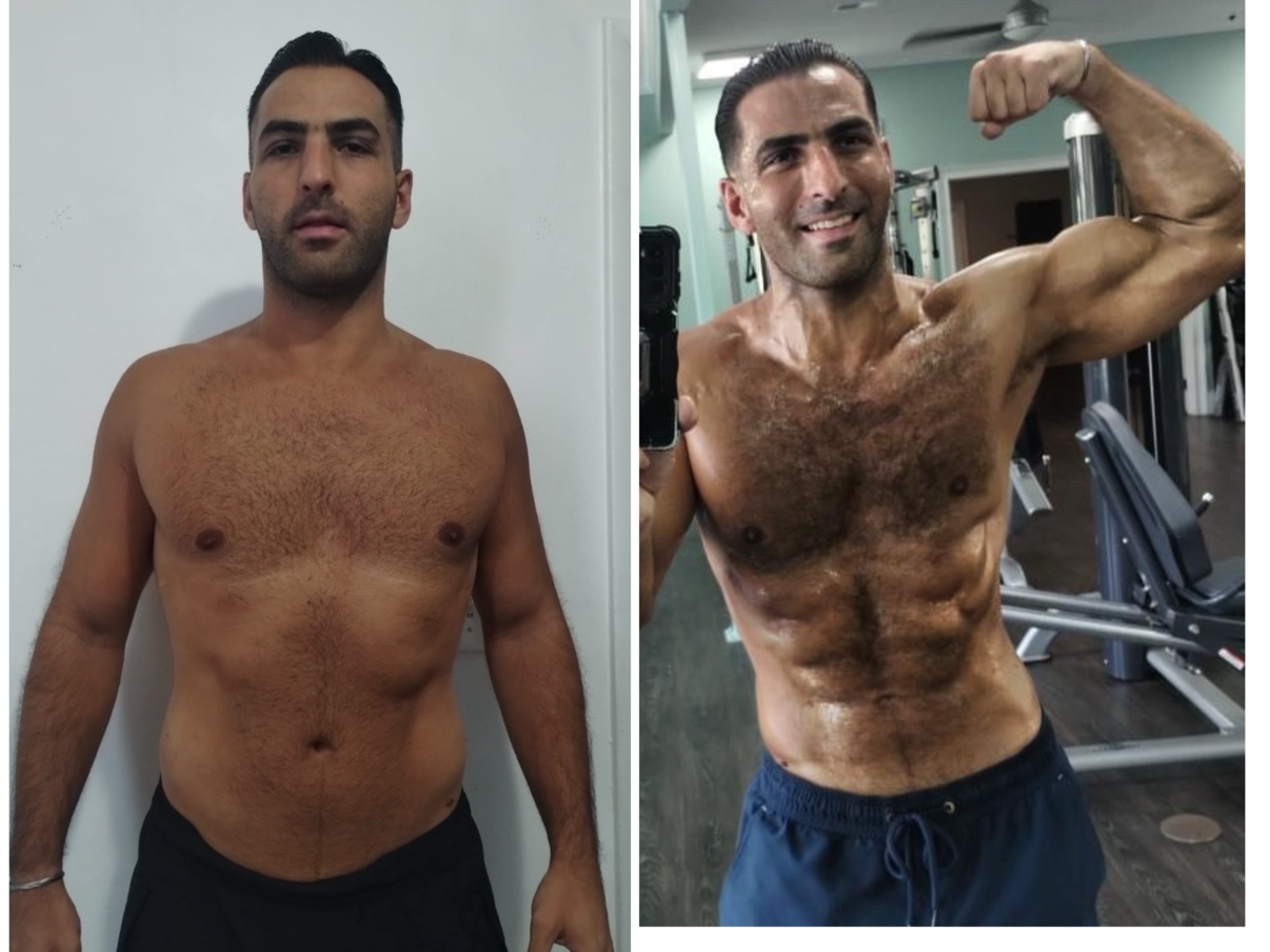 Side-by-side comparison of a shirtless man before and after fitness training, showing increased muscle definition and physique.