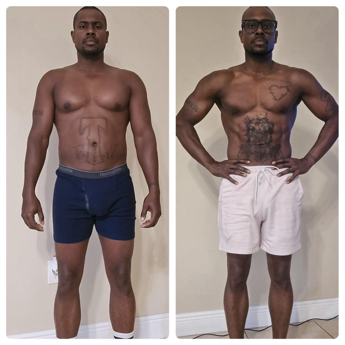 Side-by-side comparison of a man with a fit physique. In the left image, he is shirtless, wearing dark shorts, with tattoos visible on his chest, arms, and abdomen. In the right image, he is shirtless again, wearing light shorts, with glasses, and di