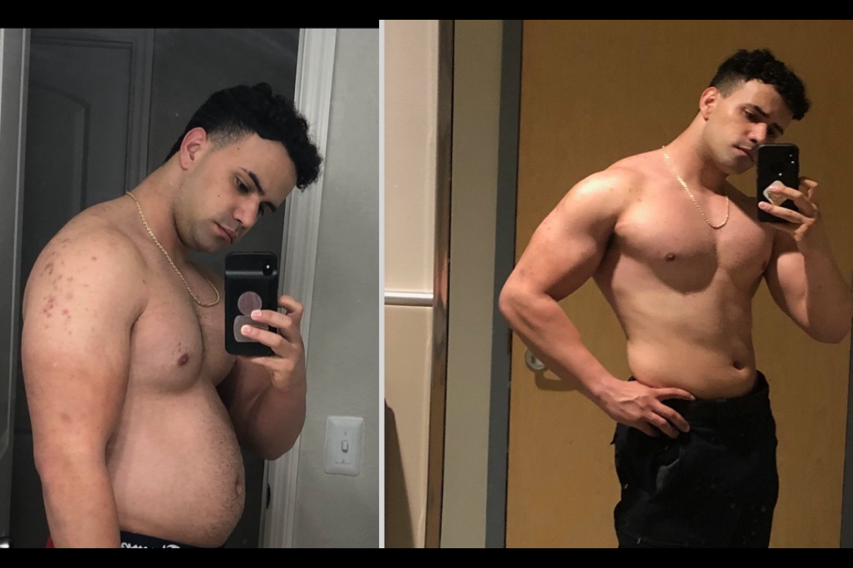 Side-by-side mirror selfies of a shirtless man showing his physical transformation, before and after muscle building.