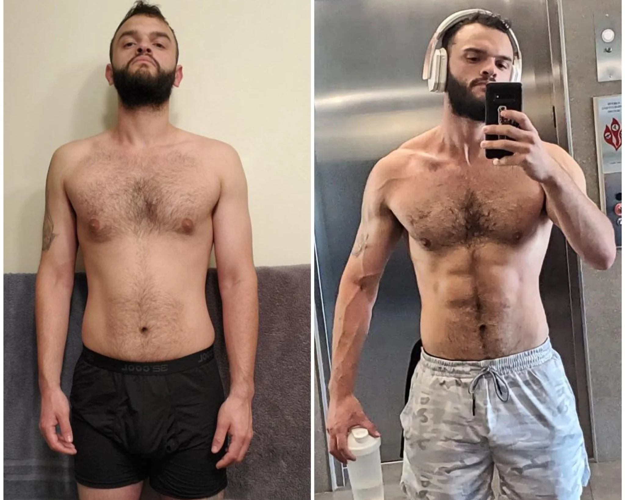 Comparison photo of a man before and after fitness transformation, shirtless, taking mirror selfies to showcase body changes.