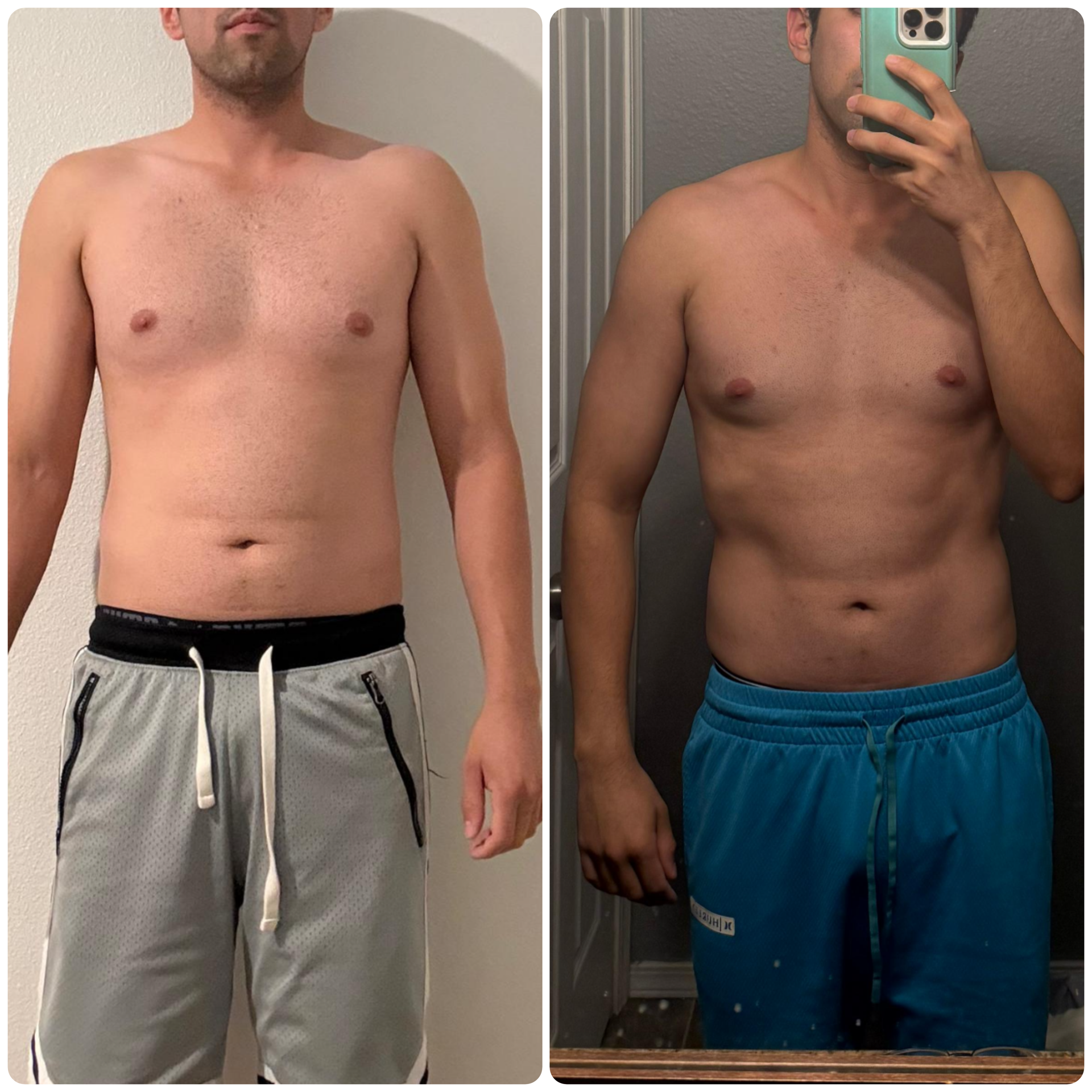 Side-by-side comparison of a man shirtless, showing physical transformation. On the left, the man has less muscle definition and a softer physique. On the right, the same man has increased muscle tone and a more defined body.