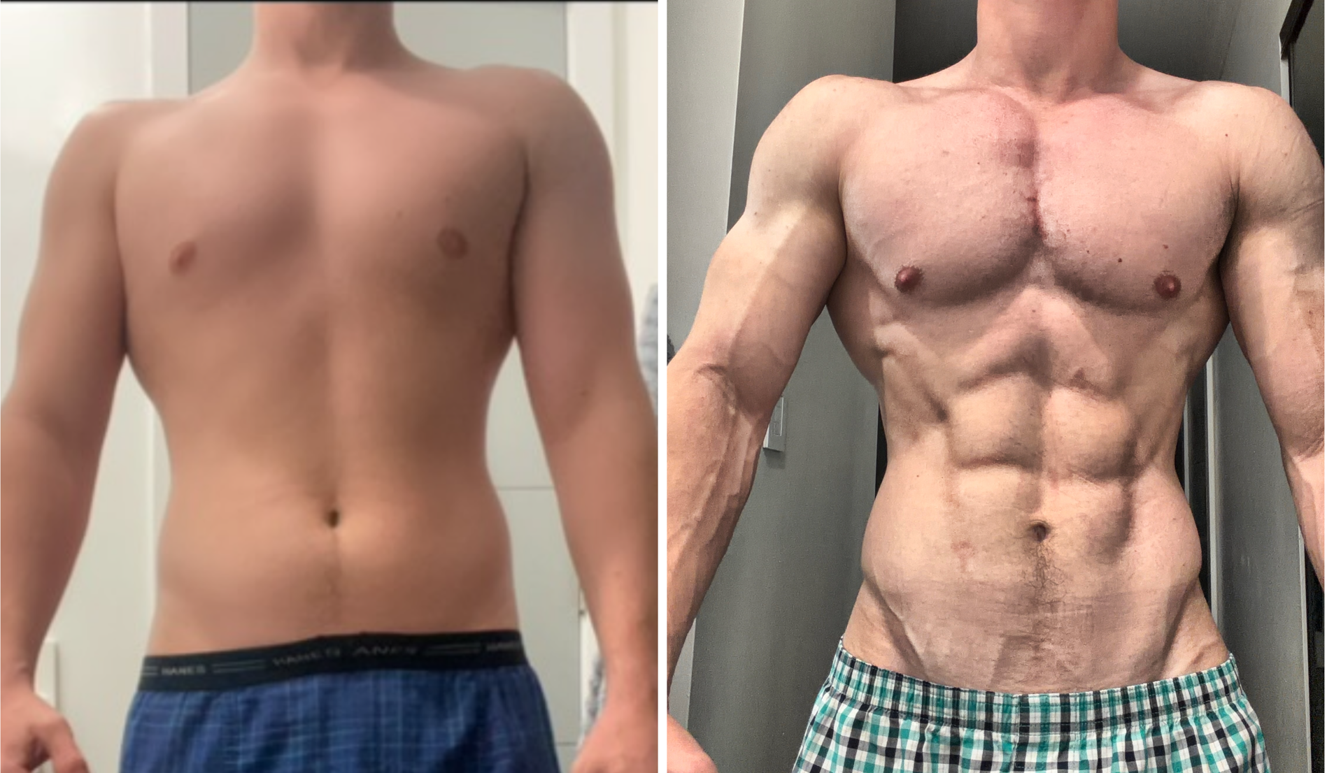 Comparison of a person's upper body: before on the left, after on the right. The after photo shows significant muscle definition and a six-pack.