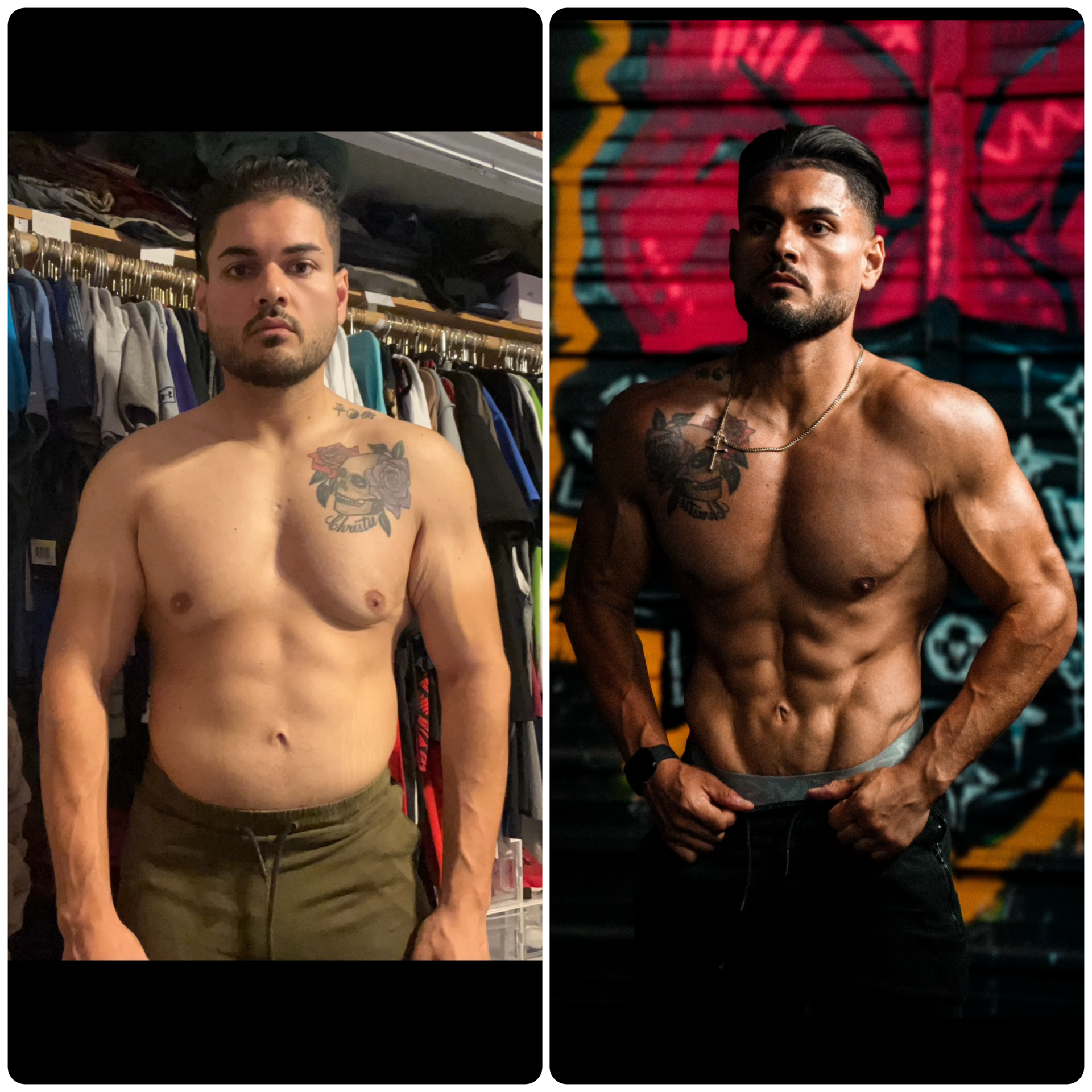 Side-by-side comparison of two shirtless men with tattoos and muscular physiques, one in casual clothing and the other in a gym setting.