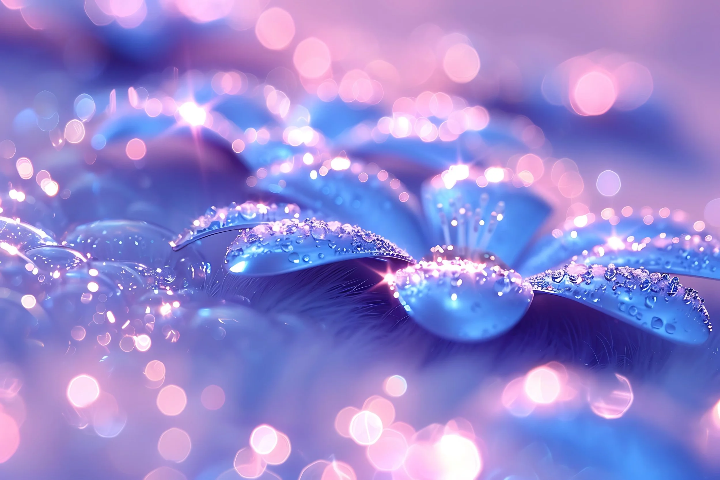 Close-up of blue flowers with water droplets on petals, illuminated with pink and purple bokeh lights in the background.