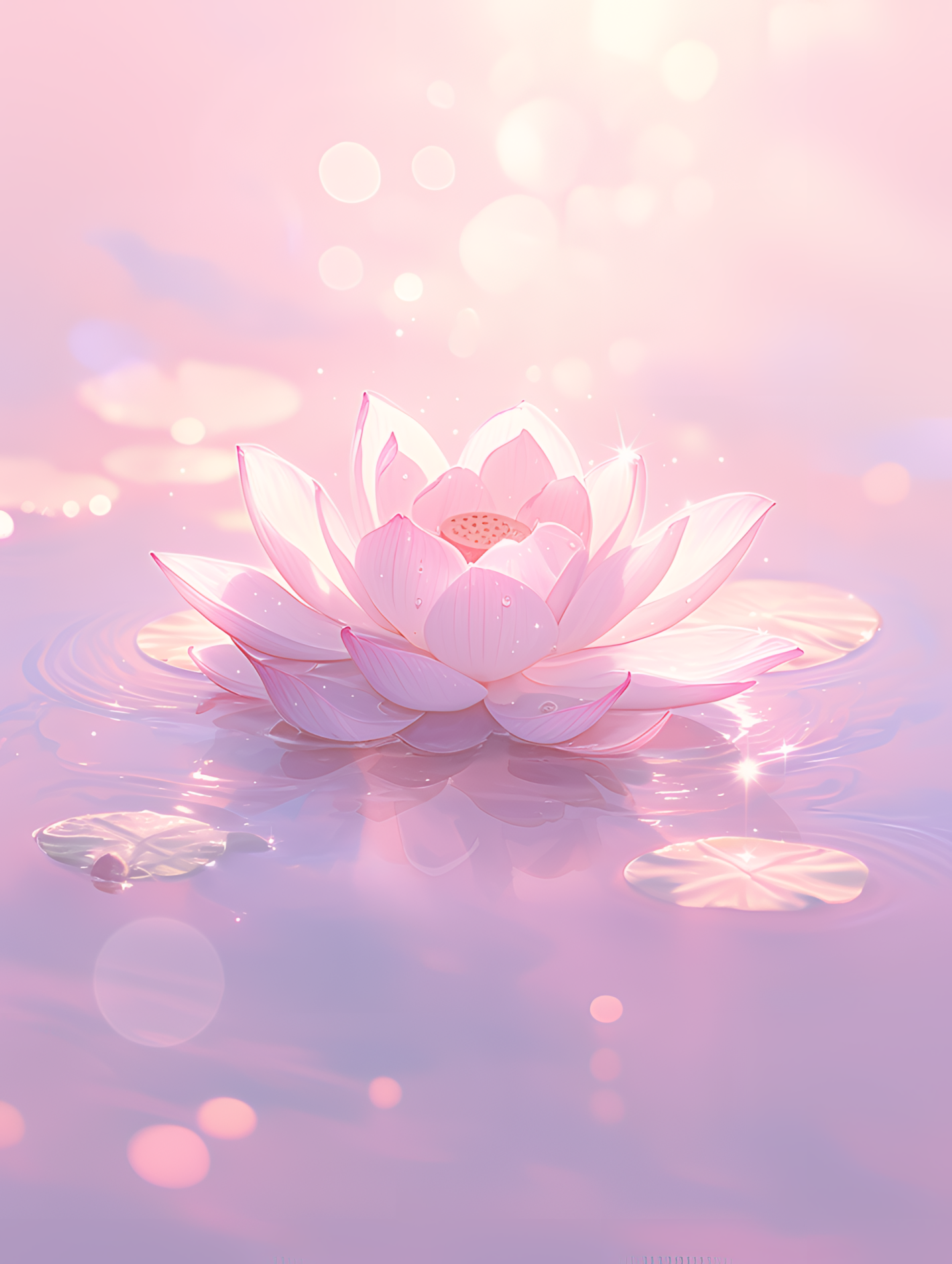 A pink and white lotus flower floating on calm water with soft pink and purple hues, glowing light, and bokeh effects in the background.