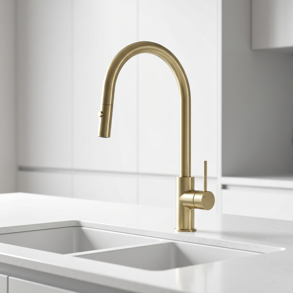 Lucito Gooseneck Pull Out Sink Mixer In Brushed Brass on a kitchen sink.png