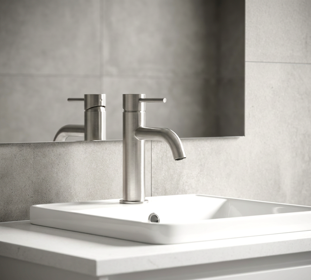 Lucito Curved Spout Basin Mixer Brushed Stainless On Basin.png