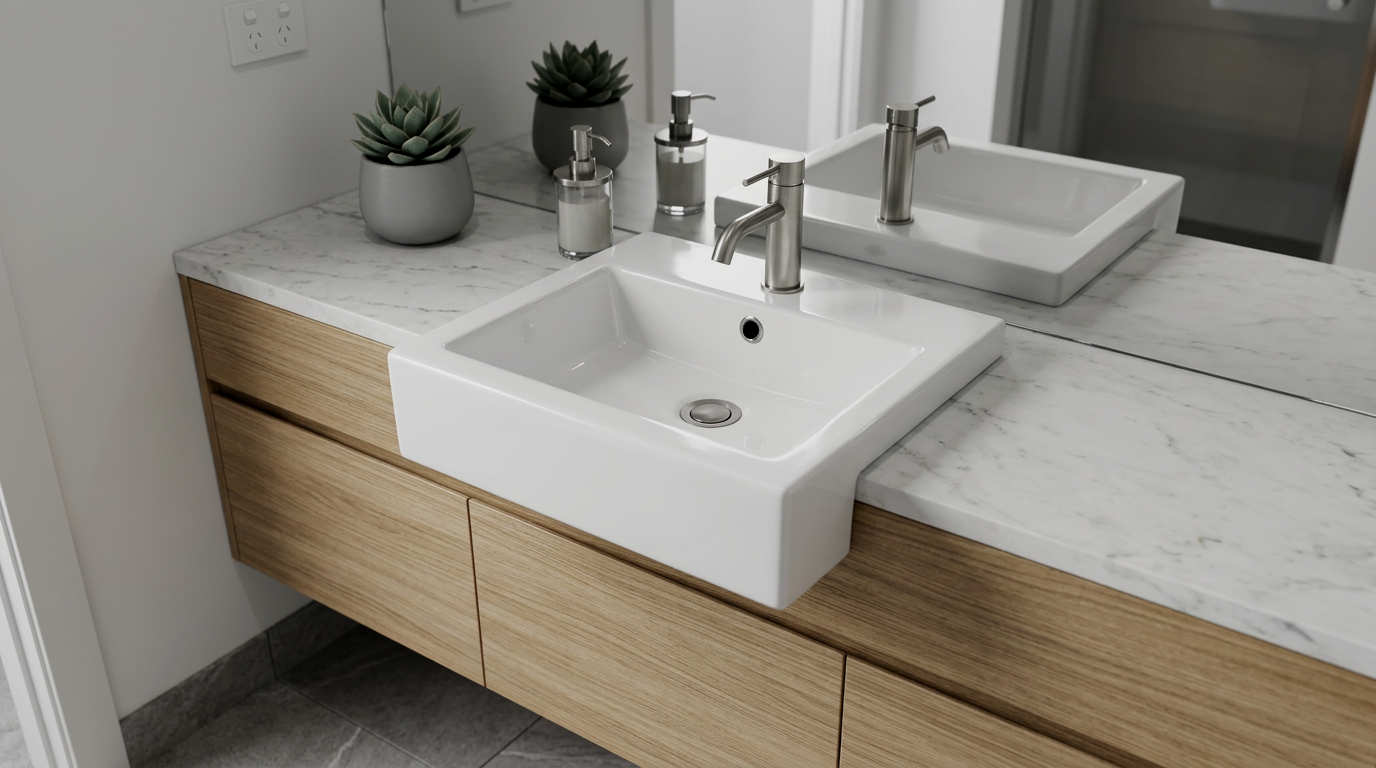 Rectangle Semi Recessed Basin Gloss White One Taphole