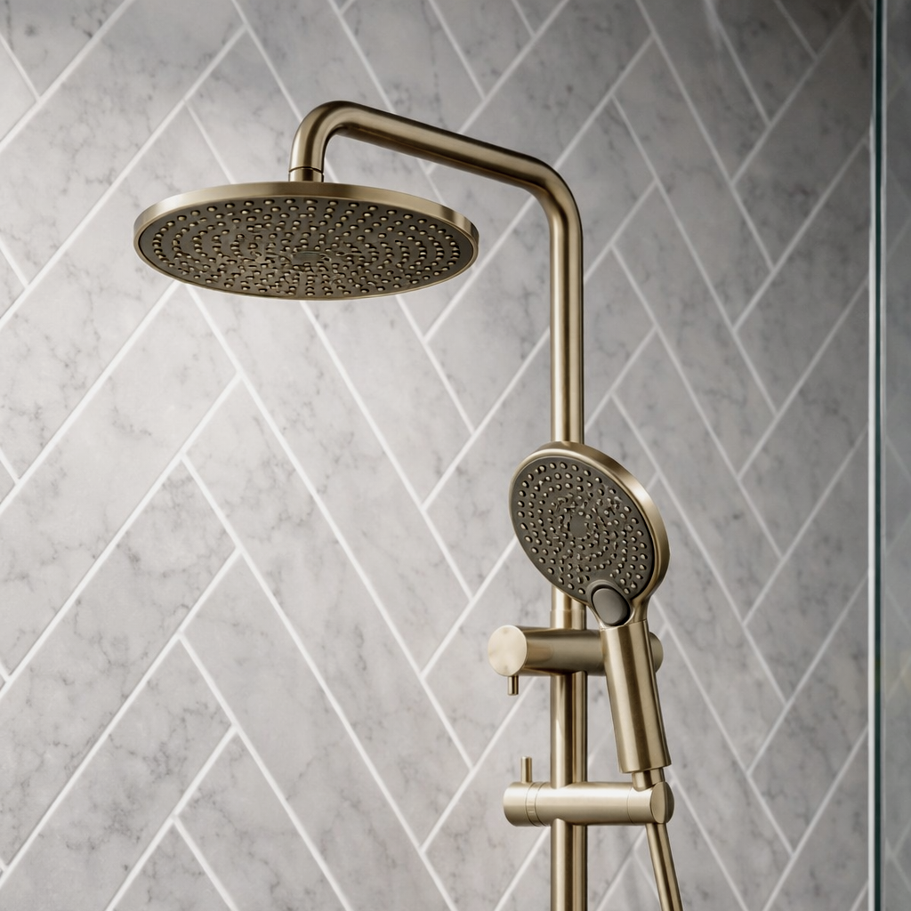 Lucito+Twin+Shower+On+Rail+ABS+250mm+Overhead+Brushed+Brass+In+Shower.png