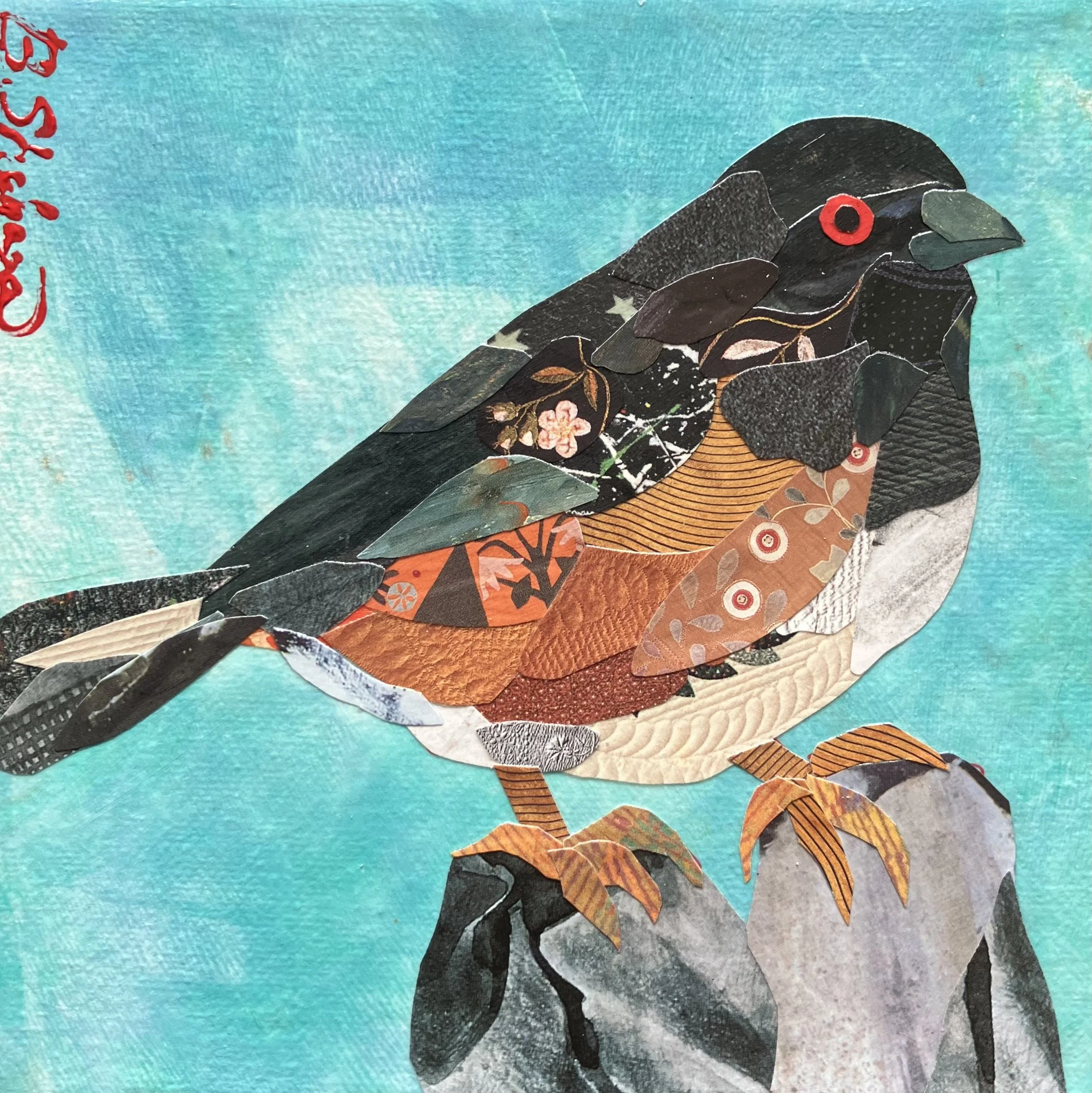 Eastern Towhee Collage / mixed media 6" x 6"  available on our shop parge