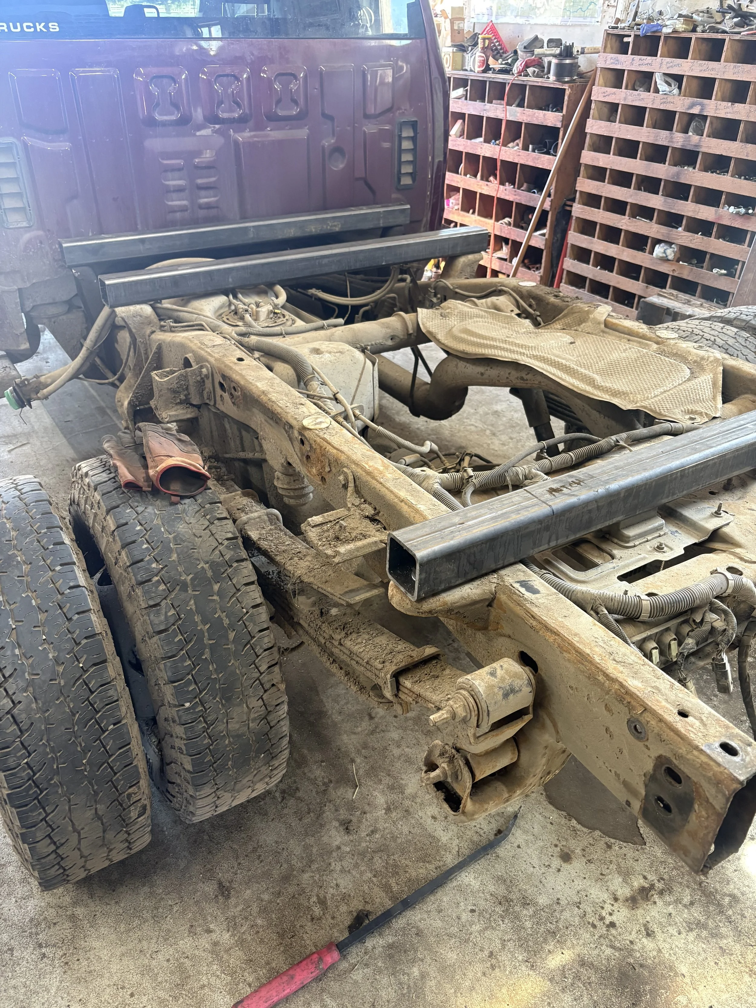 The truck receiving the deck needed to be prepped and new supports welded in place