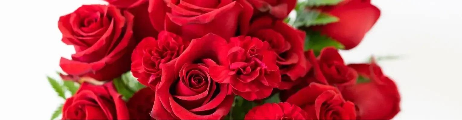Close-up of a bouquet of red roses and red carnations with green leaves.