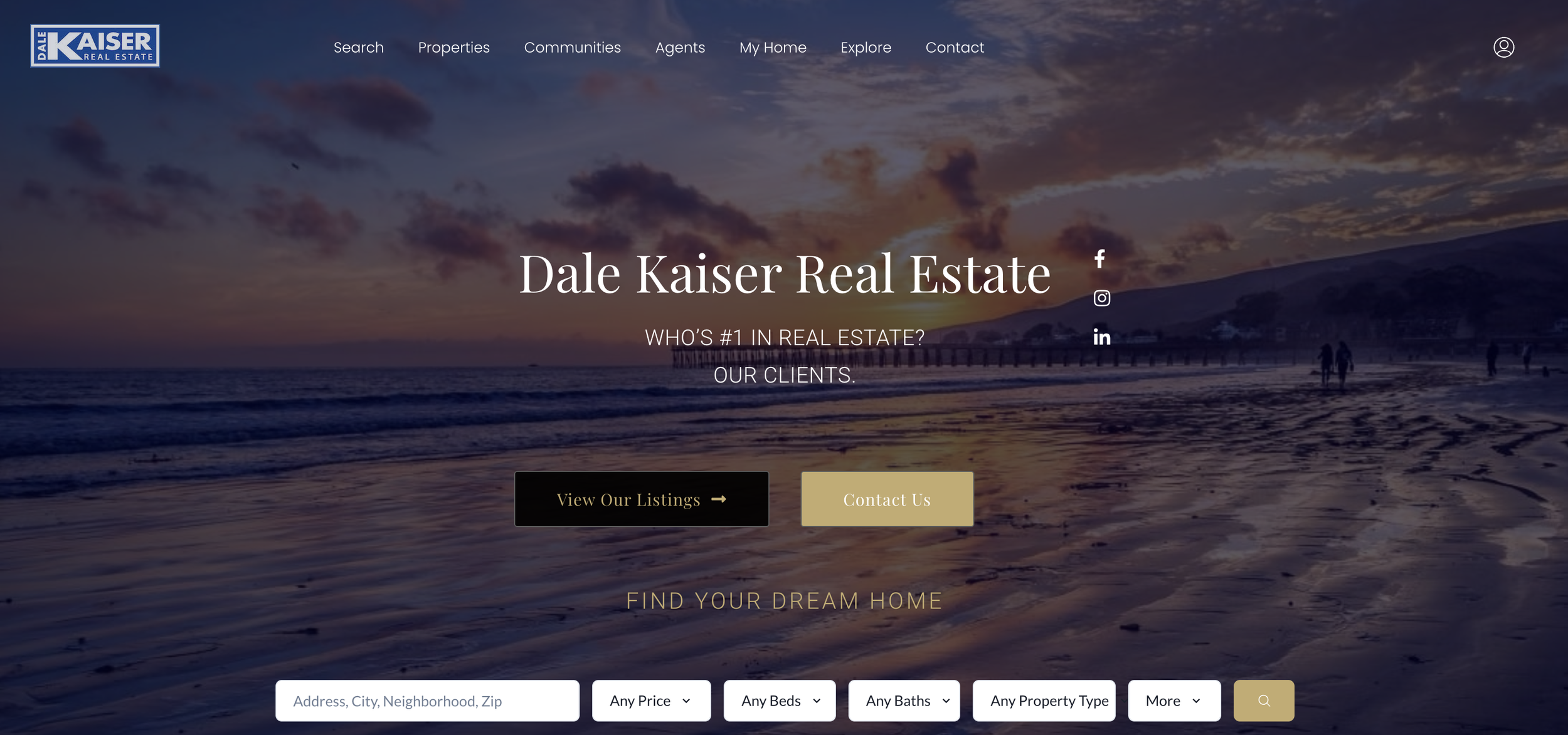 Homepage of Dale Kaiser Real Estate website with a scenic beach sunset background, featuring navigation menu, logo, contact buttons, and search filters for real estate listings.