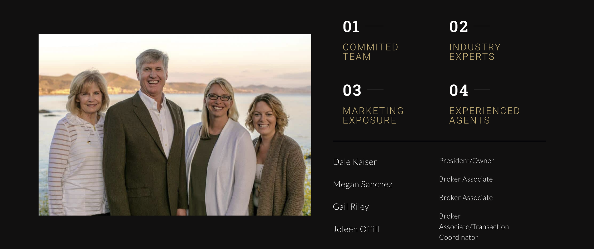 A group of four smiling people standing outdoors next to a body of water with hills in the background, during sunset or sunrise, in front of a black background with text detailing team members' roles and names.