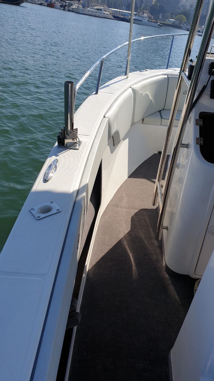 View of the deck on a white boat, showing a curved seating area with cushions, a carpeted floor, metal railing, and water with boats and shoreline in the background.